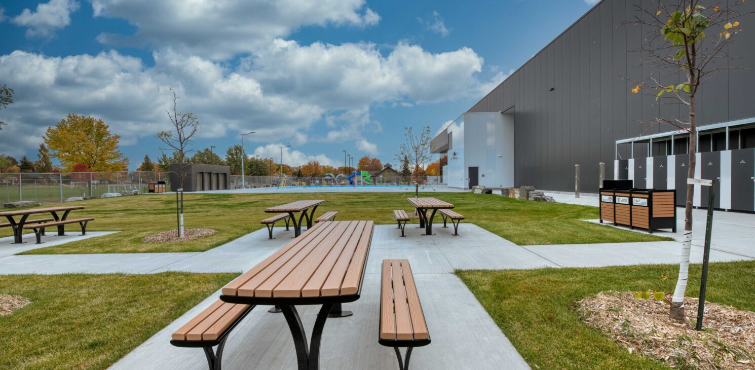 Outdoor relaxation areas at the Granby aquatic center