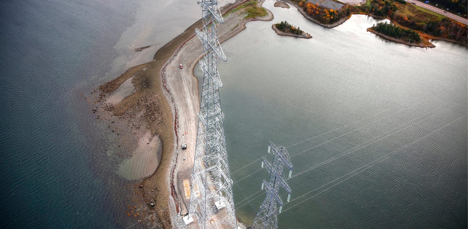 Aerial view of a pylon at the Strait of Canso