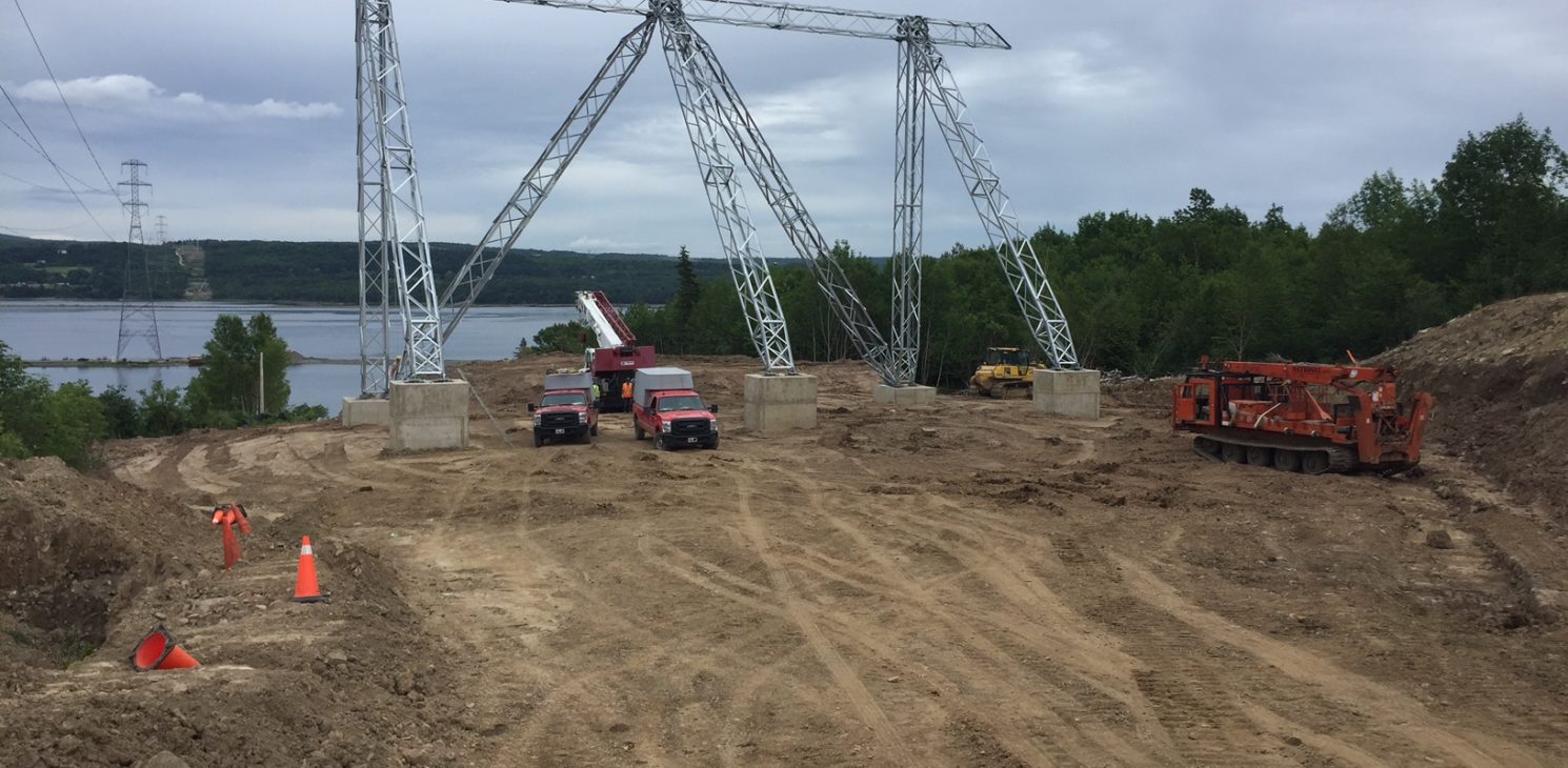 Construction site for the crossing of an overhead power line in the Strait of Canso