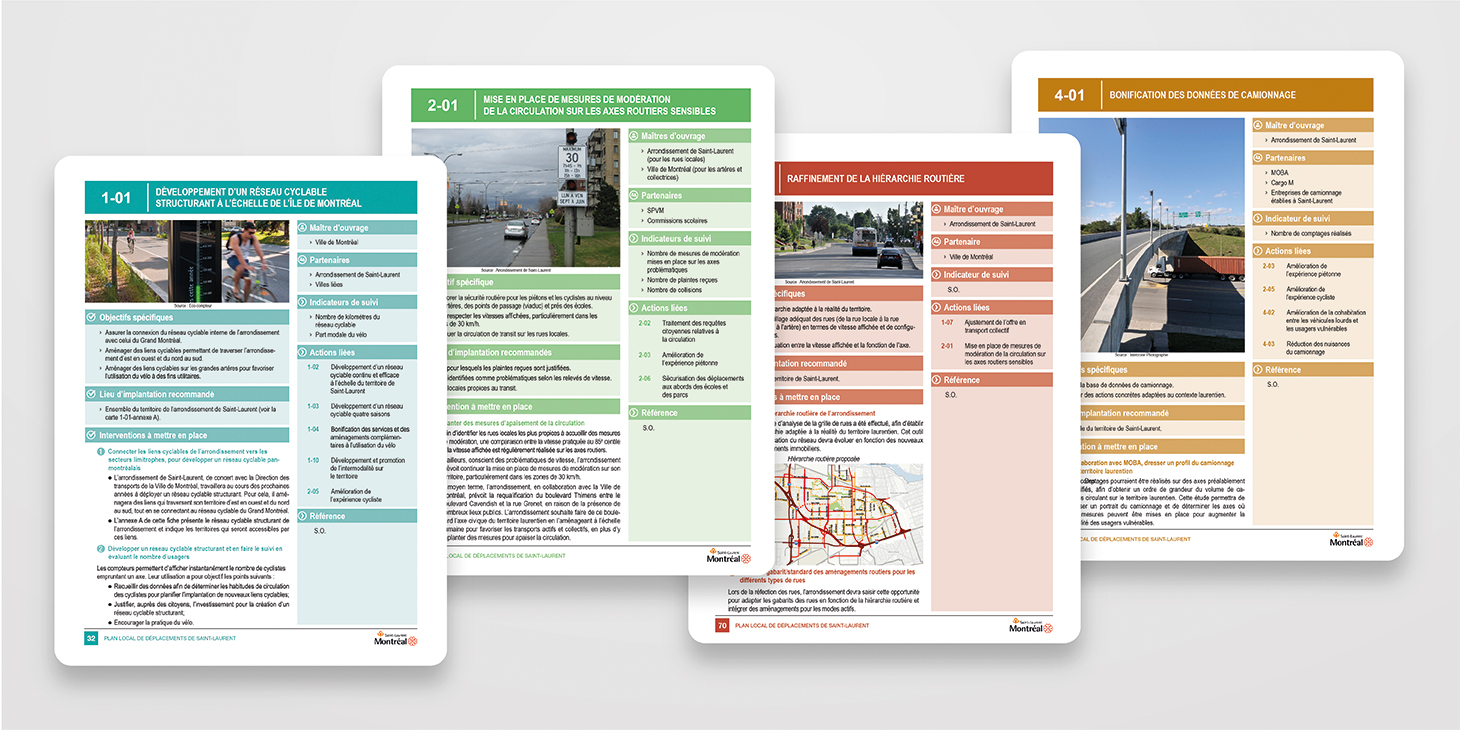 Excerpt from the 4 areas of development of the local transportation plan for the Borough of Saint-Laurent in Montreal: public and active transportation, safety and quality of life, road transportation and parking, transportation for economic purposes