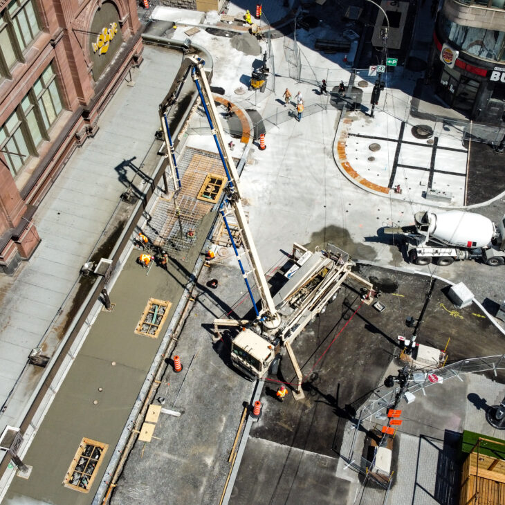 Aerial view of the Sainte Catherine Street redevelopment site in Montreal
