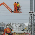 CIMA+ employees using a lifting platform on a power line burying site