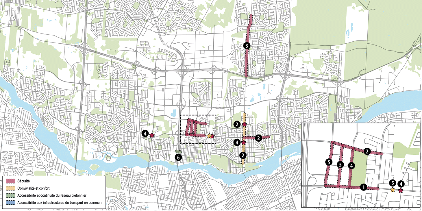 carte illustrant le savoir faire de CIMA+ pour la planification et la conception des infrastructures piétonnières