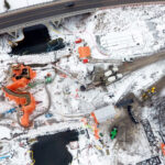 Aerial view of the construction site of the Nassau Guard Gate at the entrance to the Trent Canal in Peterborough